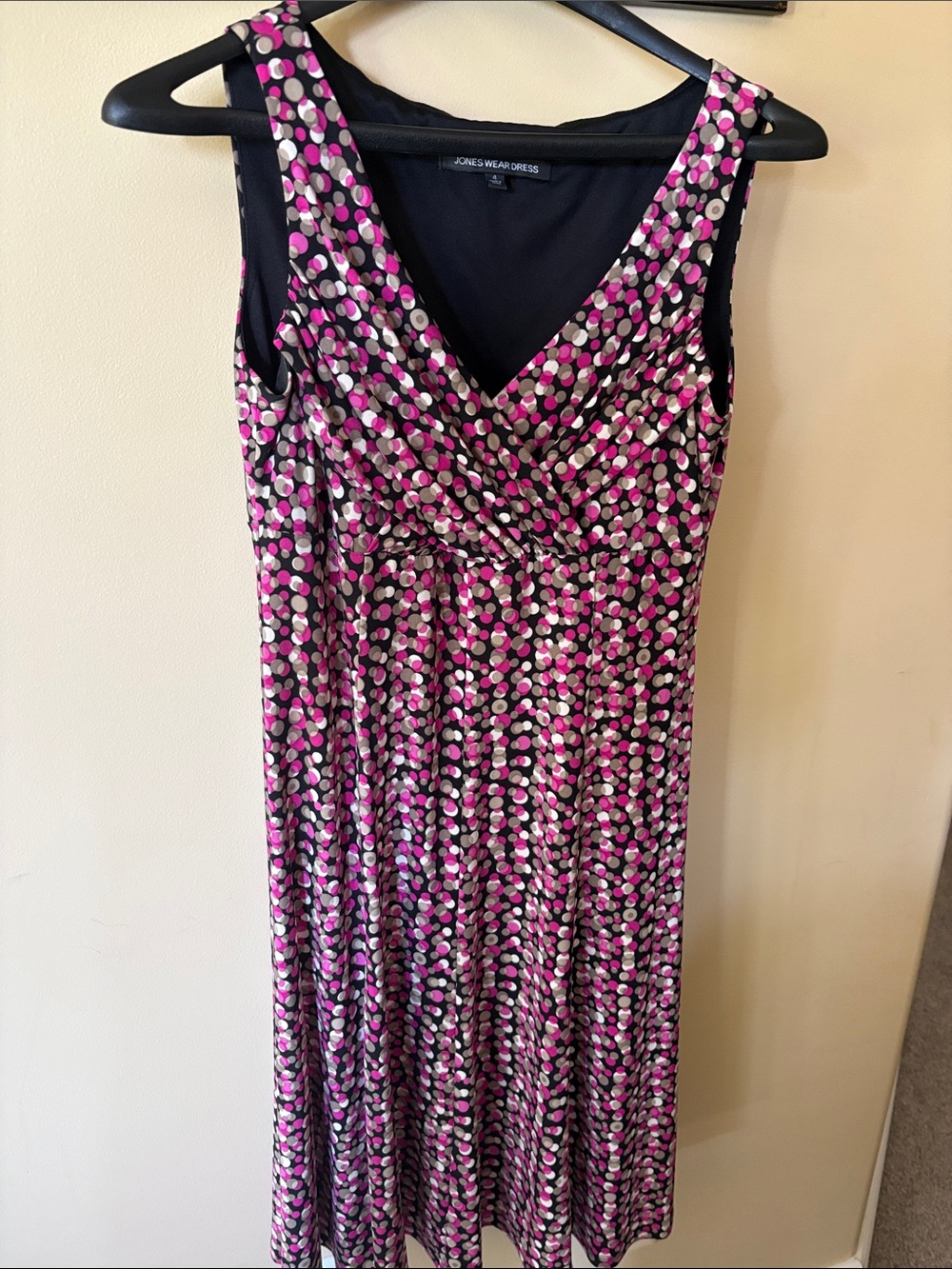 Jones New York Black and Pink Polka-Dot Sleeveless Wrap Midi Dress